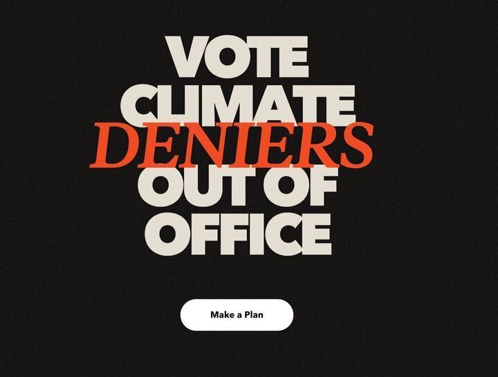 ウェブサイトに書かれた、「気候変動否定論者、落選させろ」のメッセージ