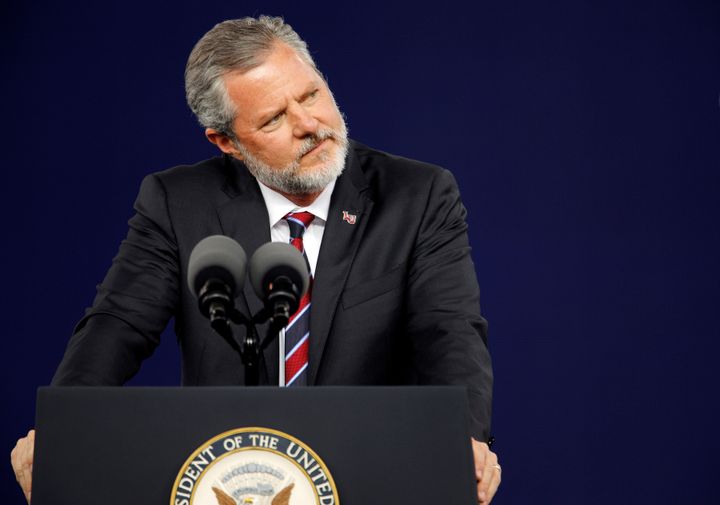 Liberty University President Jerry Falwell Jr. pauses during the school's commencement ceremonies in Lynchburg, Virginia, on May 11, 2019. 