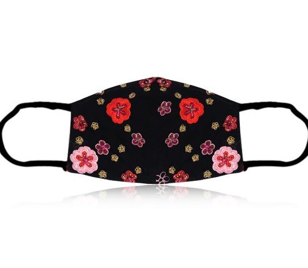 Get the Roopa Pemmaraju orange floral embroidered mask for $120