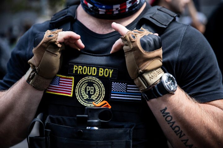 Proud Boys and supporters of the police participate in a protest in Portland, Oregon, on Aug. 22.