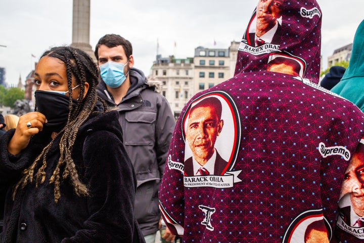 A protester wears a Barack Obama hoodie during a Black Lives Matter demonstration in the U.K.