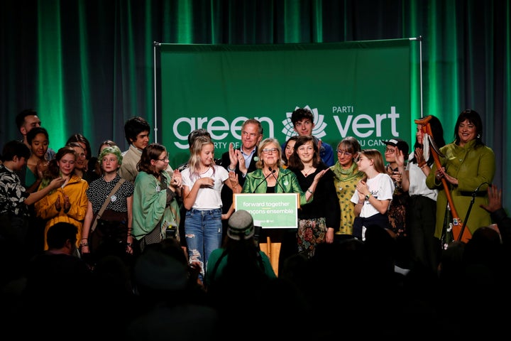 Former Green Party leader Elizabeth May speaks to supporters after the federal election in Victoria on Oct. 21, 2019. 