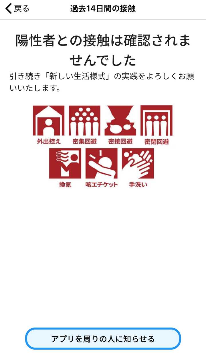 アプリを起動させても、「陽性者との接触は確認できませんでした」と表示される。