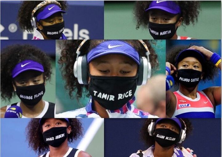 犠牲者7人それぞれの名前が書かれたマスクをする大坂なおみ選手 