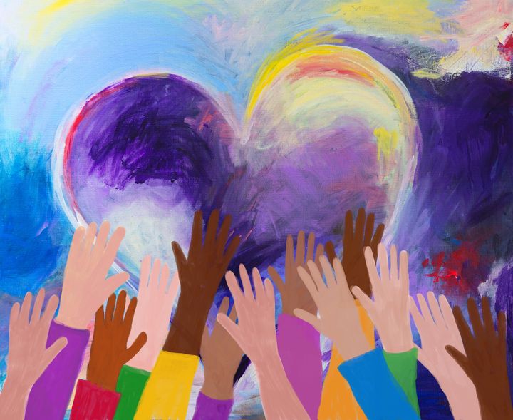 Raised hands of multicultural group, love, unity, equality. Abstract acrylic on canvas and digital hand painting. My own work.