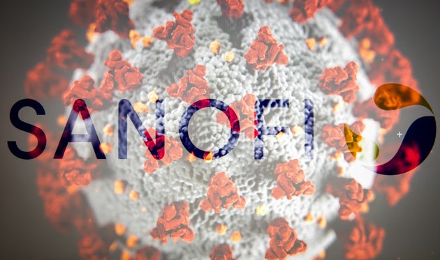 (EDITOR'S NOTE Image was created using multiple exposure in camera.) In this photo illustration the logo of Sanofi is seen on the image of Coronavirus.  (Photo by Manuel Romano/NurPhoto via Getty Images)