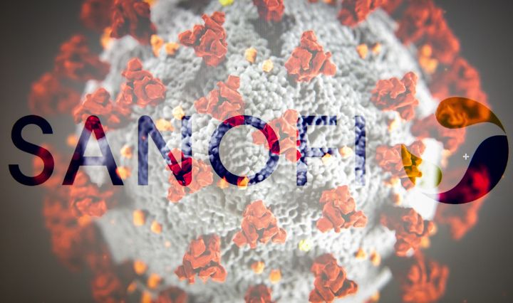 (EDITOR'S NOTE Image was created using multiple exposure in camera.) In this photo illustration the logo of Sanofi is seen on the image of Coronavirus. (Photo by Manuel Romano/NurPhoto via Getty Images)