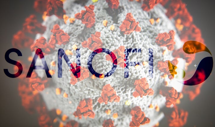 (EDITOR'S NOTE Image was created using multiple exposure in camera.) In this photo illustration the logo of Sanofi is seen on the image of Coronavirus. (Photo by Manuel Romano/NurPhoto via Getty Images)