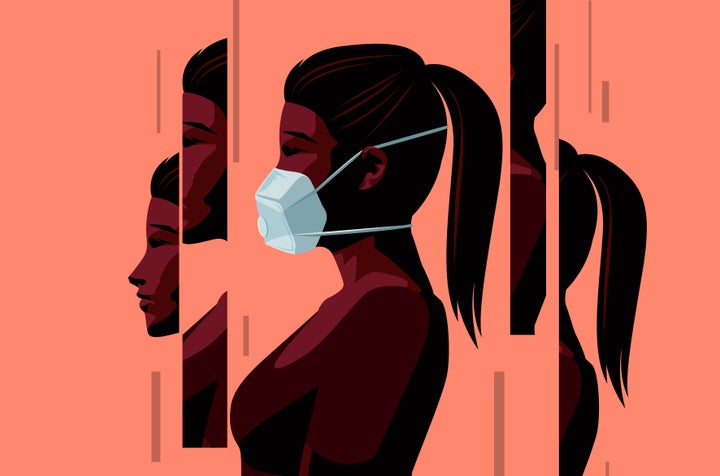 A women wearing a face mask during the Covid-19 coronavirus outbreak and coming to terms with the new normal. Changed lives and mental health concept. Vector illustration