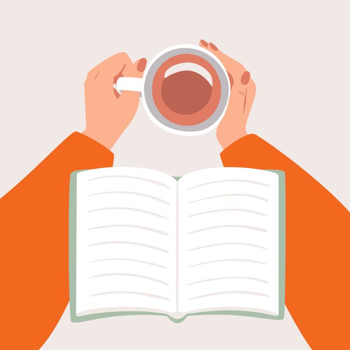 Top view female hands holding a Cup of coffee or tea and an open book is on hands. Cozy autumn concept in flat cartoon style.