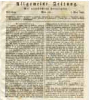 ALLGEMEINE ZEITUNG No 121, 1 Μαΐου 1827. Αναλυτική παράθεση της μάχης του Καραϊσκάκη στις 15 και 16 Μαρτίου στην Κεράτια ή Κερατσίνι στην αριστερή πλευρά του Πειραιά, όπου 1.000 Έλληνες συγκρούσθηκαν με 1.500 εχθρούς πεζοπόρους και 500 ιππείς με νίκη των Ελλήνων και πολλές απώλειες του εχθρού. Η φρεγάτα «Ελλάς», το ατμόπλοιο «Καρτερία» και το μπρίκι «Νέλσον» του Δημήτριου Παπαρισόλη από τα Ψαρά φεύγουν από τον κόλπο της Ερέτριας την οποία είχαν αποκλείσει, για τον Ωρωπό. Εκεί κατέλαβαν, μεταξύ άλλων, δύο πλοία γεμάτα με τρόφιμα τα οποία μετέφεραν στην Αίγινα. [...]. 8ο , σ. 4. Στα γερμανικά (Συλλογή ΕΕΦ).