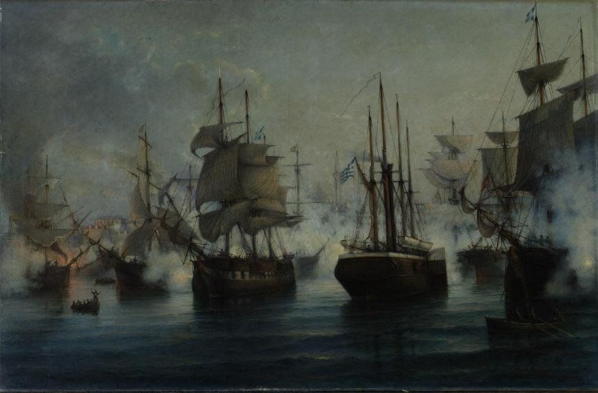 Ναυμαχία της Αγκάλης ή Ιτέας το 1827. Ελαιογραφία του Ιωάννη Πούλακα (1864-1942)