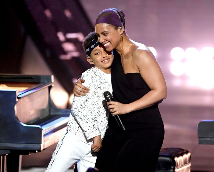 Keys and her son Egypt Daoud Dean perform onstage at the 2019 iHeartRadio Music Awards in Los Angeles.