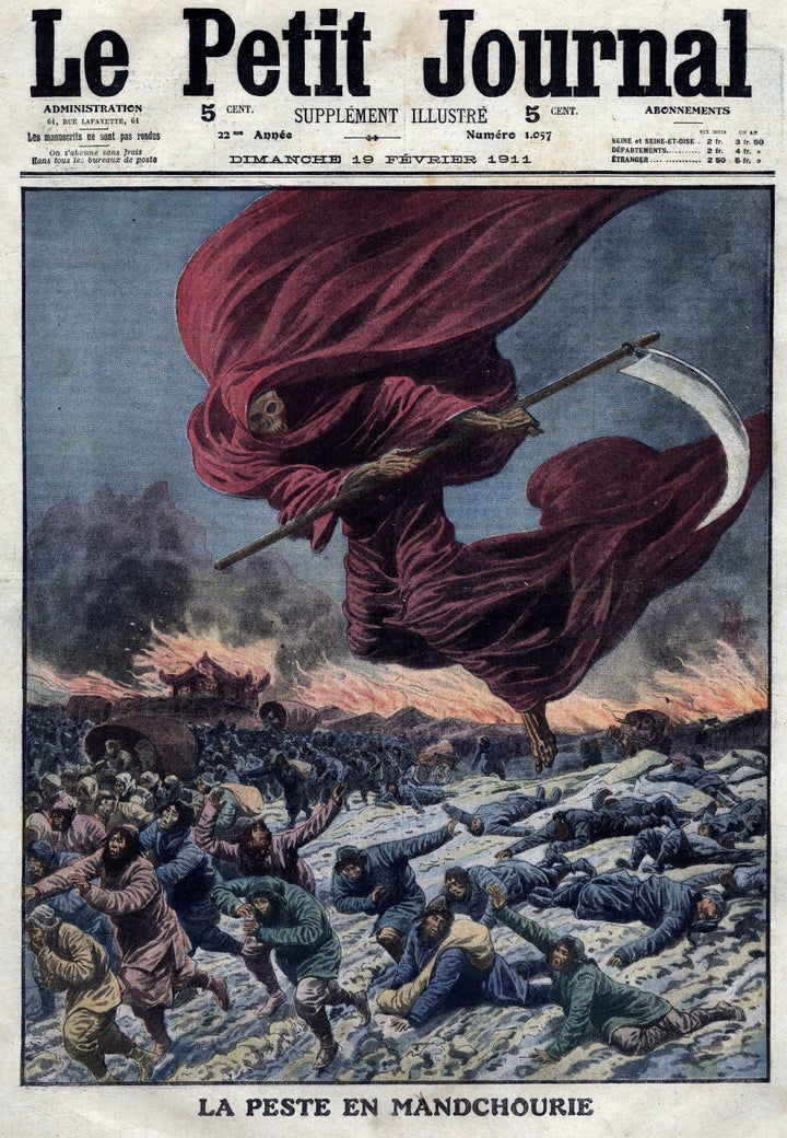 Une illustration de la Faucheuse (allégorie de la mort) au-dessus de la Mandchourie, publiée dans Le Petit Journal, en France, en 1911.