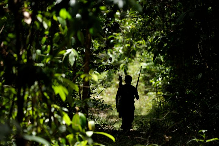 A Tenetehara Indigenous man patrols with the Ka’Azar, or Forest Owners, on the Alto Rio Guama reserve in Para state, near the city of Paragominas, Brazil, Tuesday, Sept. 8, 2020. Three Tenetehara Indigenous villages patrol to guard against illegal logging, gold mining, ranching, and farming on their lands, as increasing encroachment and lax government enforcement during COVID-19 have forced them to take matters into their own hands. 