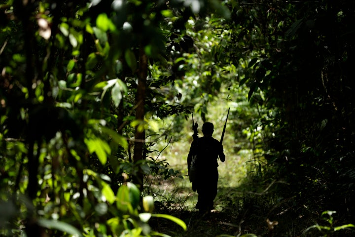A Tenetehara Indigenous man patrols with the Ka’Azar, or Forest Owners, on the Alto Rio Guama reserve in Para state, near the city of Paragominas, Brazil, Tuesday, Sept. 8, 2020. Three Tenetehara Indigenous villages patrol to guard against illegal logging, gold mining, ranching, and farming on their lands, as increasing encroachment and lax government enforcement during COVID-19 have forced them to take matters into their own hands.