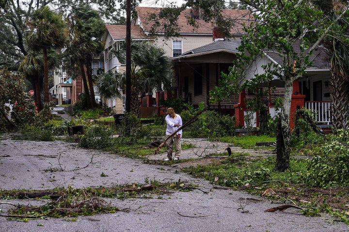 Mark Robinson removes the branch of a tree while cleaning up hurricane debris.