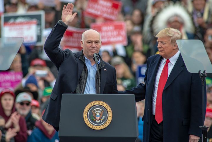 Rep. Greg Gianforte (R-Mont.) appears with President Donald Trump at a "Make America Great Again" rally in Bozeman, Montana, in November 2018.