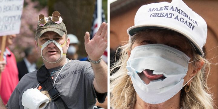 In April, demonstrators in Washington state and Maryland wear damaged masks to protest mask guidelines and stay-at-home orders.