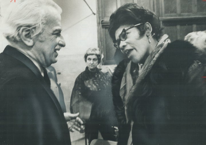 Archive photo of Mrs. Leona Wood, a mother of three who is on welfare, speaking to David Croll on his way into a Senate probe into poverty in 1970. Mrs. Wood, who was putting herself through university at the time the photo was taken, told Croll that she and other women were slowly starving to death on welfare. Is this the best way the government can help us help ourselves? she asked.
