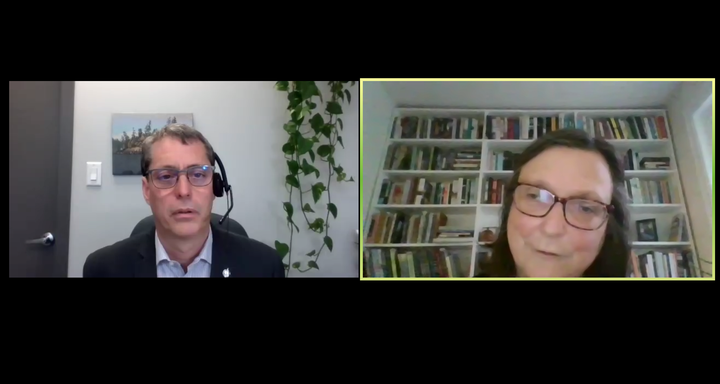 Green Party MP Paul Manly listens as Dr. Evelyn Forget speaks during a virtual townhall discussing guaranteed basic income on Sept. 17, 2020.