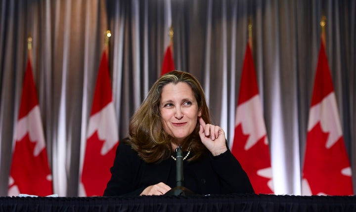 Minister of Finance Chrystia Freeland holds a news conference on the second day of the Liberal cabinet retreat in Ottawa on Sept. 15, 2020.