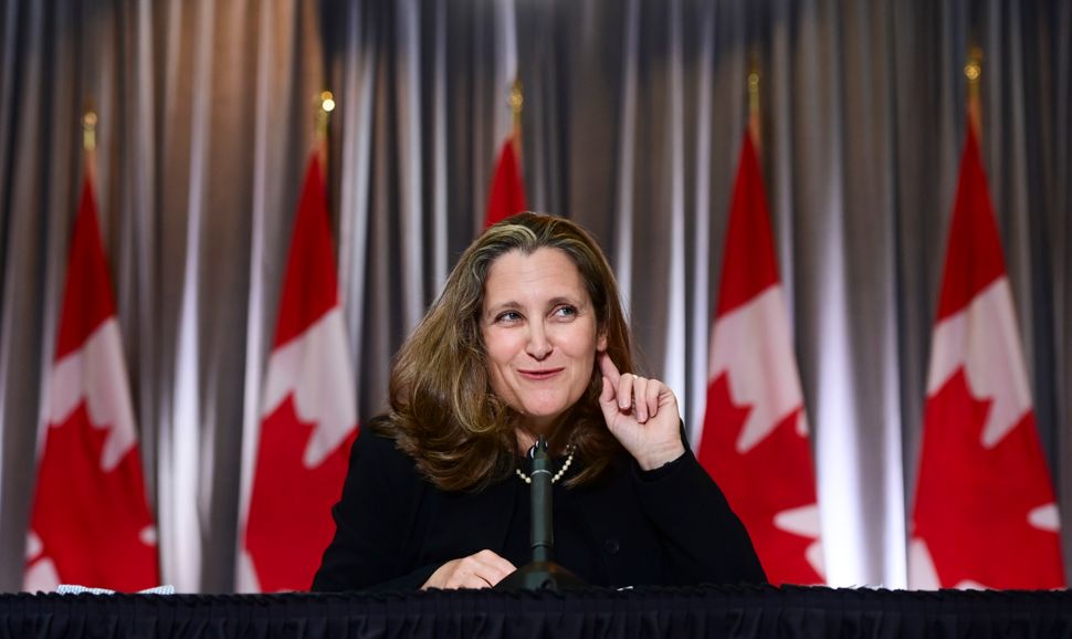 Minister of Finance Chrystia Freeland holds a news conference on the second day of the Liberal cabinet retreat in Ottawa on Sept. 15, 2020. 