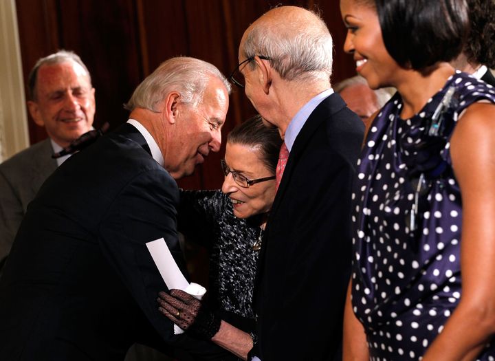 Joe Biden, then the vice president, greets Supreme Justice Bader Ginsburg on May 27, 2010, in the East Room of the White House in Washington, D.C. He called her "a beloved figure."