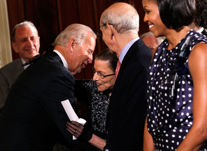 Joe Biden, then the vice president, greets Supreme Justice Bader Ginsburg on May 27, 2010, in the East Room of the White House in Washington, D.C. He called her "a beloved figure."