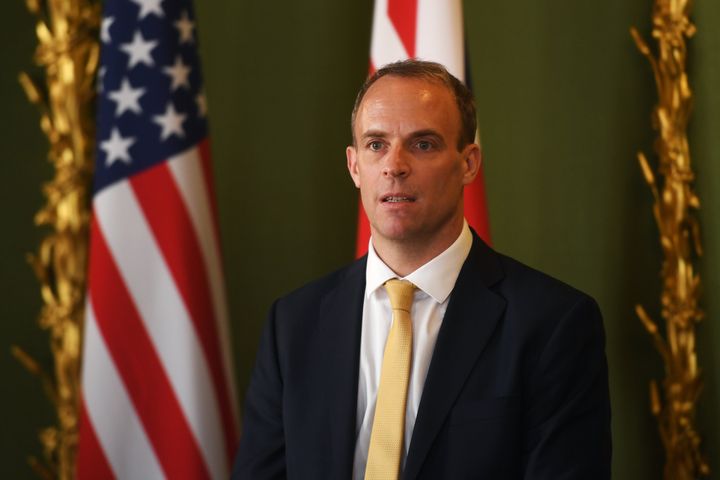 Foreign Secretary Dominic Raab, during a press conference at Lancaster House in central London, following a meeting with United States Secretary of State, Mike Pompeo.