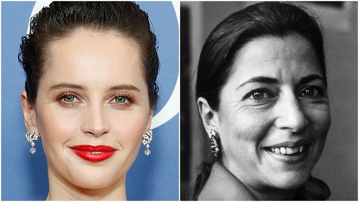 Felicity Jones (left) at a 2018 screening of "On the Basis of Sex." Ruth Bader Ginsburg in 1977.