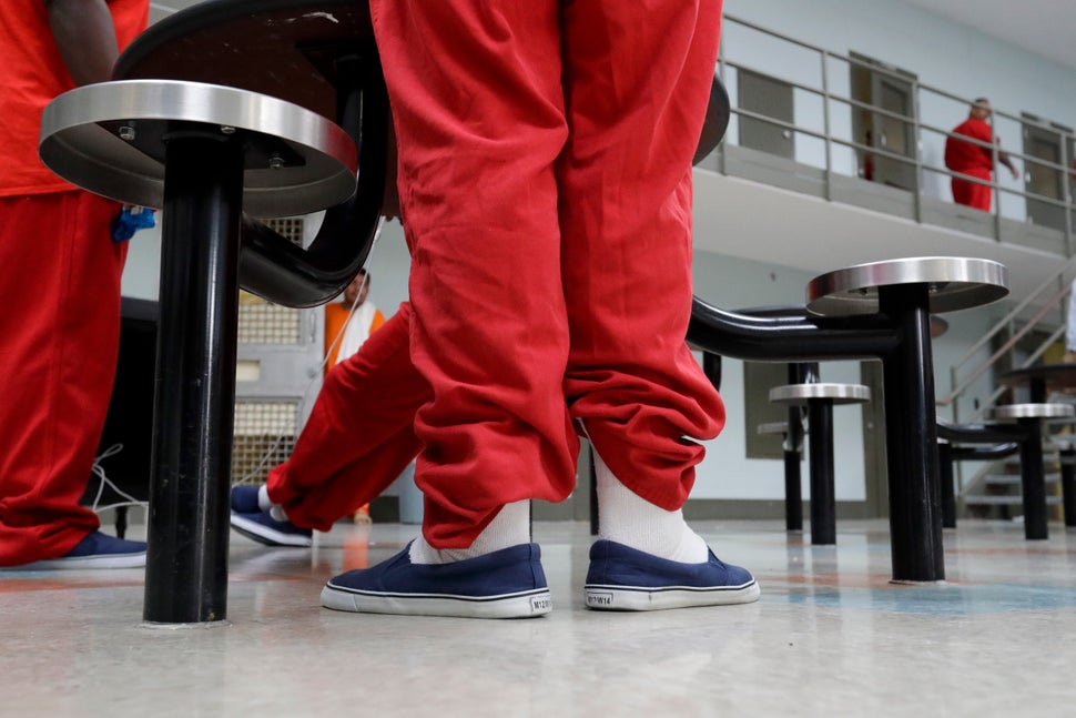 Detainees gather in a common area at the Adelanto ICE Processing Center in Adelanto, Calif., on Aug. 28, 2019, during a media tour.