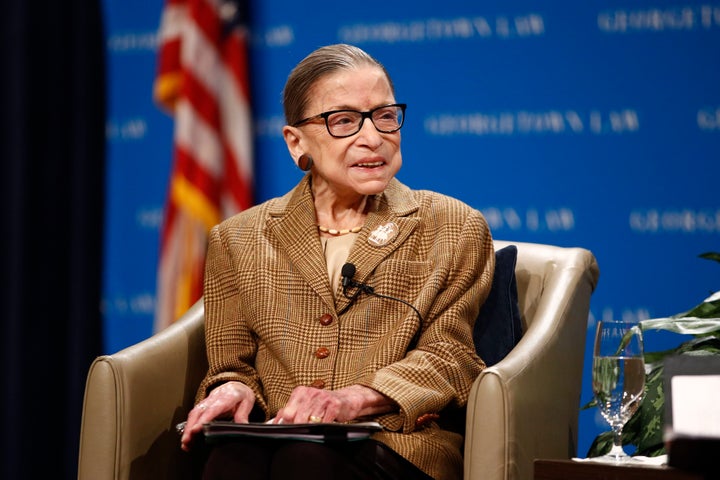 U.S. Supreme Court Associate Justice Ruth Bader Ginsburg speaks during a discussion on the 100th anniversary of the ratification of the 19th Amendment at Georgetown University Law Center in Washington, Monday, Feb. 10, 2020. (AP Photo/Patrick Semansky)