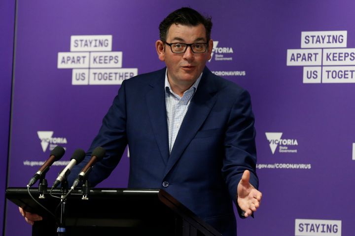 MELBOURNE, AUSTRALIA - SEPTEMBER 20: Victorian Premier Daniel Andrews speaks at the daily briefing on September 20, 2020 in Melbourne, Australia. Victoria has recorded 14 new coronavirus cases and five deaths in the past 24 hours, the second day in a row of daily new cases under 30 after 21 cases were recorded on Saturday. It is the lowest case numbers for Victoria since June 24 where 20 cases were reported. Metropolitan Melbourne remains under stage 4 lockdown restrictions, with people only allowed to leave home to give or receive care, shopping for food and essential items, daily exercise and work while an overnight curfew from 8pm to 5am is also in place. The majority of retail businesses are also closed. Other Victorian regions are in stage 3 lockdown. The restrictions, which came into effect from 2 August, were introduced by the Victorian government as health authorities work to reduce community COVID-19 transmissions across the state. (Photo by Darrian Traynor/Getty Images)