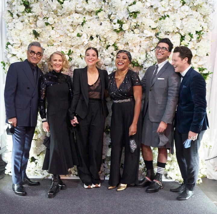 "Schitt's Creek" cast members Eugene Levy, Catherine O'Hara, Annie Murphy, Karen Robinson, Dan Levy and Noah Reid on Sunday night.