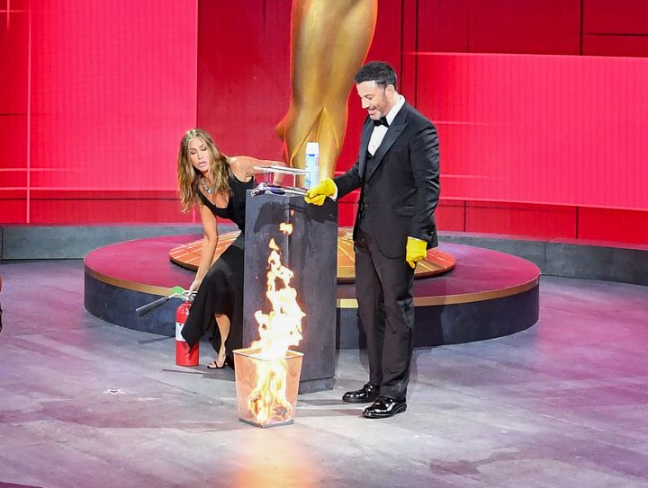 Jennifer Aniston and Jimmy Kimmel at the 72nd Emmy Awards.