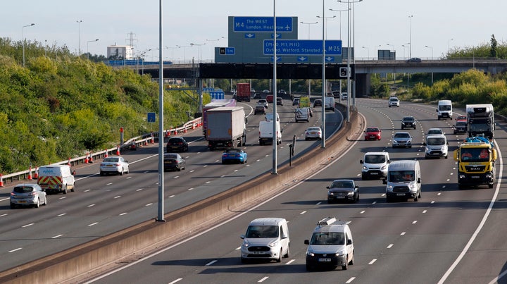 Traffic on the M25 motorway during the morning rush hour near Heathrow Airport west of London on May 11, 2020. A woman fell onto the M25 while trying to film a Snapchat video, police said.