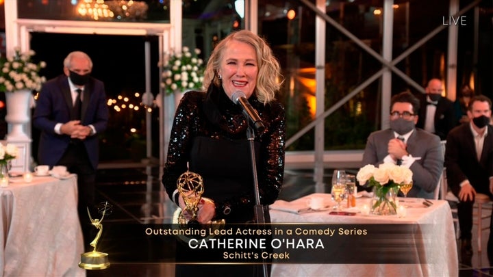 Catherine O'Hara accepts the Emmy for Outstanding Lead Actress in a Comedy Series for "Schitt's Creek" accepts the Emmy for xxx during the 72nd Emmy Awards telecast on Sunday, Sept. 20, 2020 at 8:00 PM EDT/5:00 PM PDT on ABC. (Invision for the Television Academy/AP)