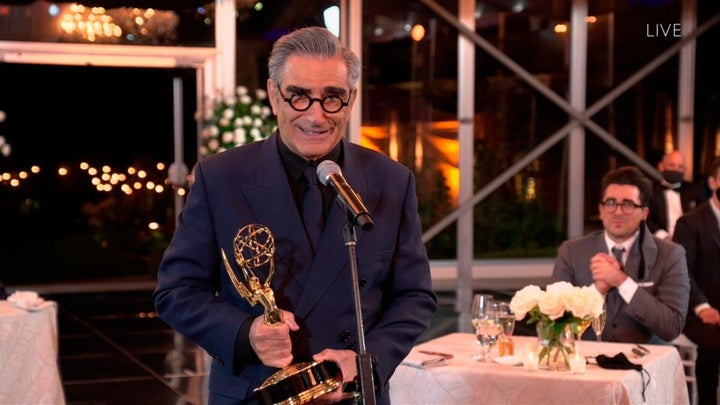 Eugene Levy accepts the Emmy for Outstanding Lead Actor in a Comedy Series for "Schitt's Creek" during the 72nd Emmy Awards telecast on Sunday, Sept. 20, 2020 at 8:00 PM EDT/5:00 PM PDT on ABC. (Invision for the Television Academy/AP)