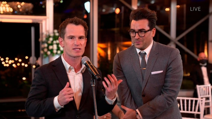 Andrew Cividino, left, and Dan Levy accept the Emmy for Outstanding Directing for a Comedy Series for "Schitt's Creek."