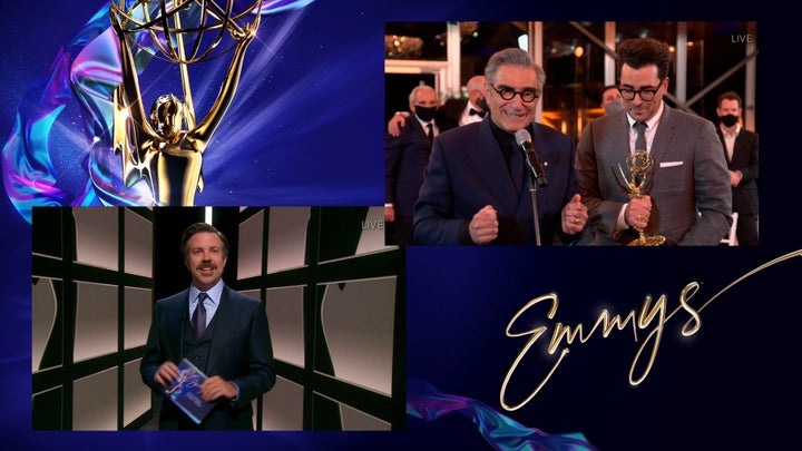 Jason Sudeikis presents the Emmy for Outstanding Comedy Series to Eugene Levy and Daniel Levy for "Schitt's Creek."