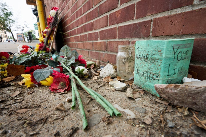 A memorial for James Scurlock remains Wednesday, Sept. 16, 2020, near where he was shot and killed on May 30, in Omaha, Neb. (AP Photo/Nati Harnik)