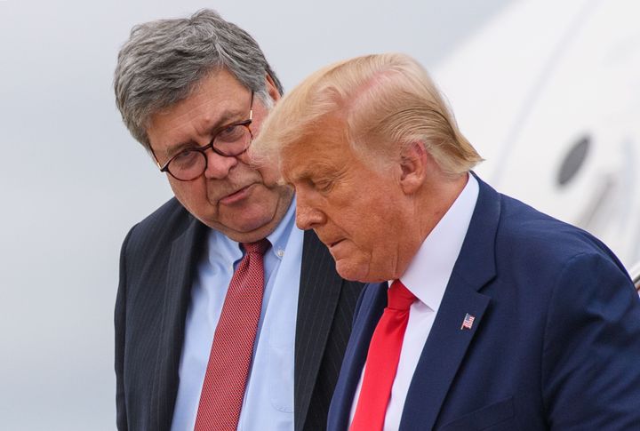 President Donald Trump and Attorney General William Barr at Andrews Air Force Base in Maryland on Sept. 1, 2020.