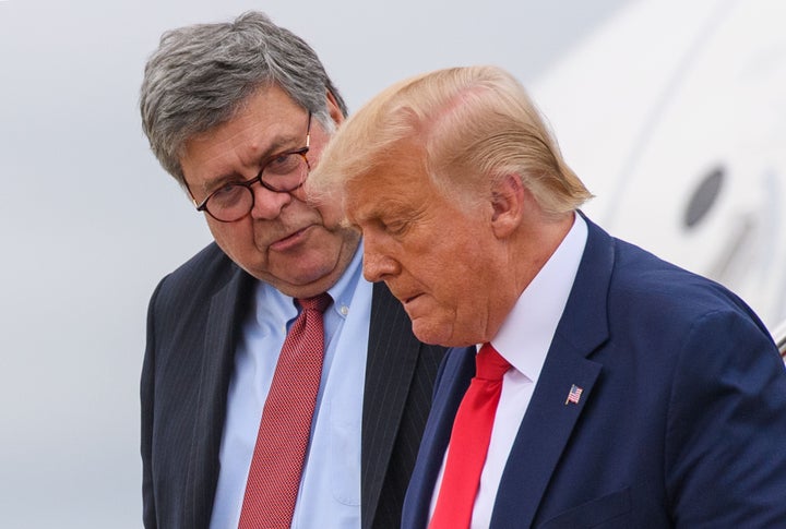 President Donald Trump and Attorney General William Barr at Andrews Air Force Base in Maryland on Sept. 1, 2020.