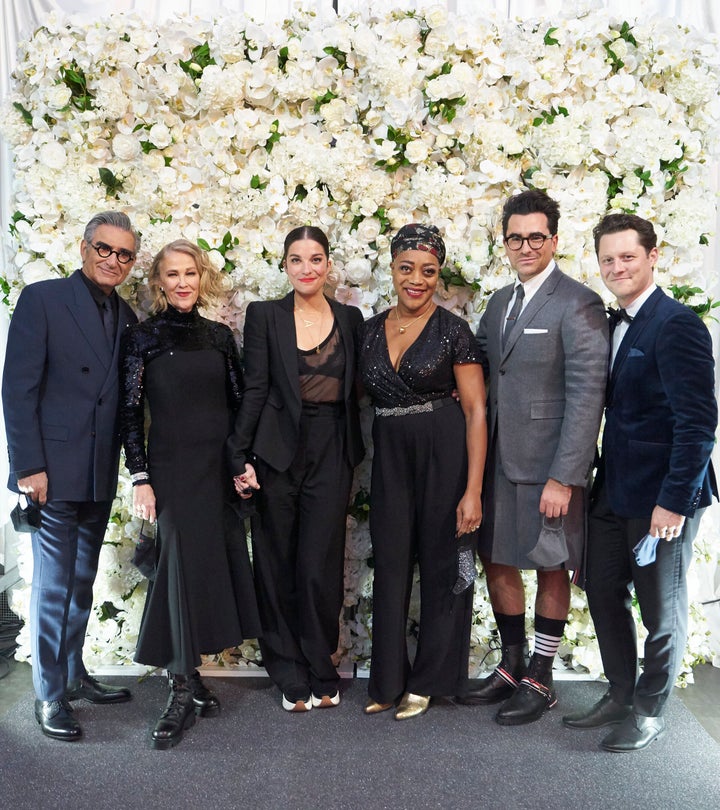 "Schitt's Creek" cast members Eugene Levy, Catherine O'Hara, Annie Murphy, Karen Robinson, Dan Levy and Noah Reid on Sunday night, before their show swept the Emmys.