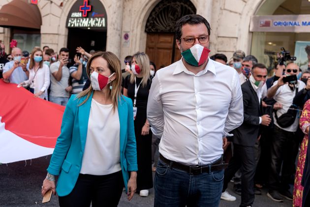 ROME, ITALY - JUNE 02: The leader of the Brothers of Italy, Giorgia Meloni (L) and the leader of the Lega, Matteo Salvini (R) ...