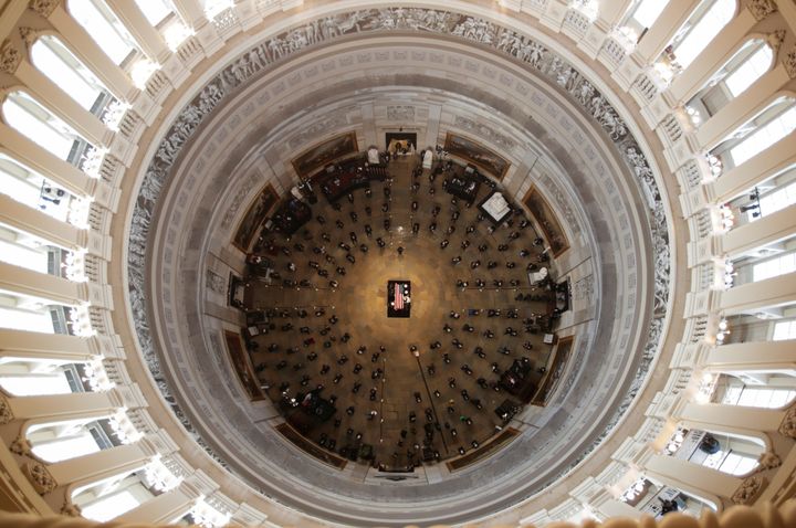 The casket of civil rights pioneer Rep. John Lewis (D-Ga.) is placed by a U.S. military honor guard at the center of the Capitol Rotunda to lie in state in Washington, D.C., July 27, 2020.