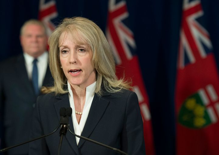 Merrilee Fullerton, Ontario's minister of long-term care, speaks at Queen's Park in Toronto, Ont. in April 2020. 