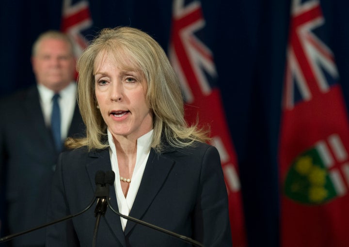 Merrilee Fullerton, Ontario's minister of long-term care, speaks at Queen's Park in Toronto, Ont. in April 2020. 