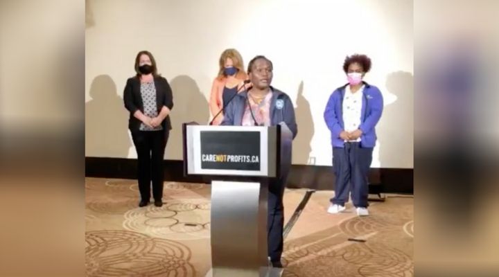 Florence Mwangi, a PSW, speaks at a press conference where long-term care staff and union leaders called for urgent action for Ontario's long-term care homes.